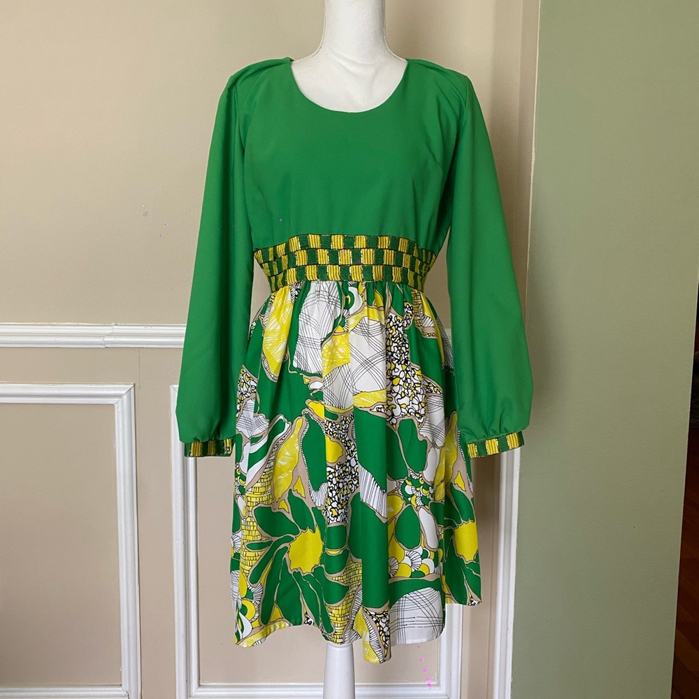 Vintage 60’s Empire Green and Gold Floral Dress